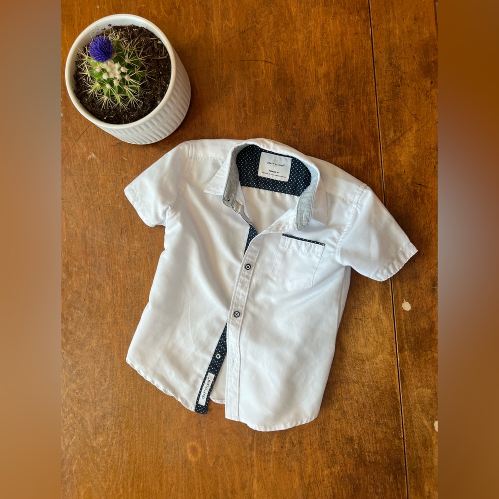 Boys White Button Down Shirt 4T Navy Trim Short Sleeve Dress Shirt